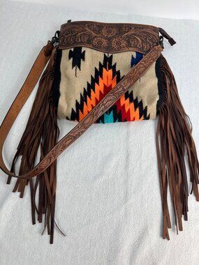 American Darling Cross Body Hand Tooled Saddle Blanket Leather Fringe